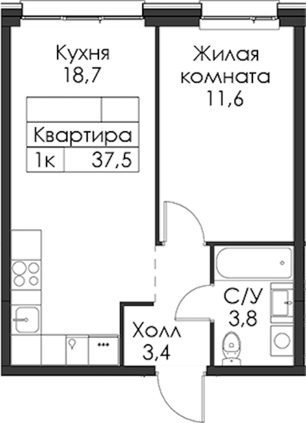 1-комнатная квартира 37.5 м², 6/8 эт., ЖК «Шкиперский 19»